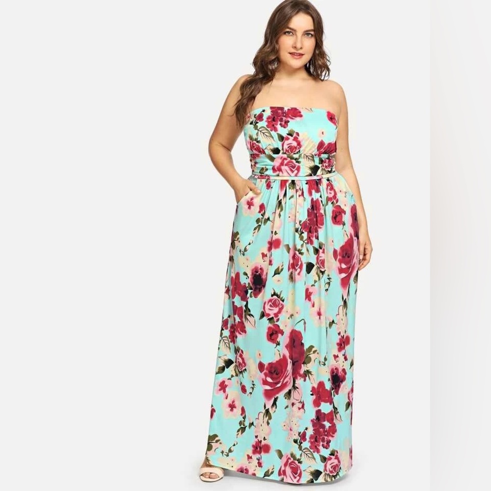 SHEIN Strapless Floral Maxi Dress - Blue and Pink